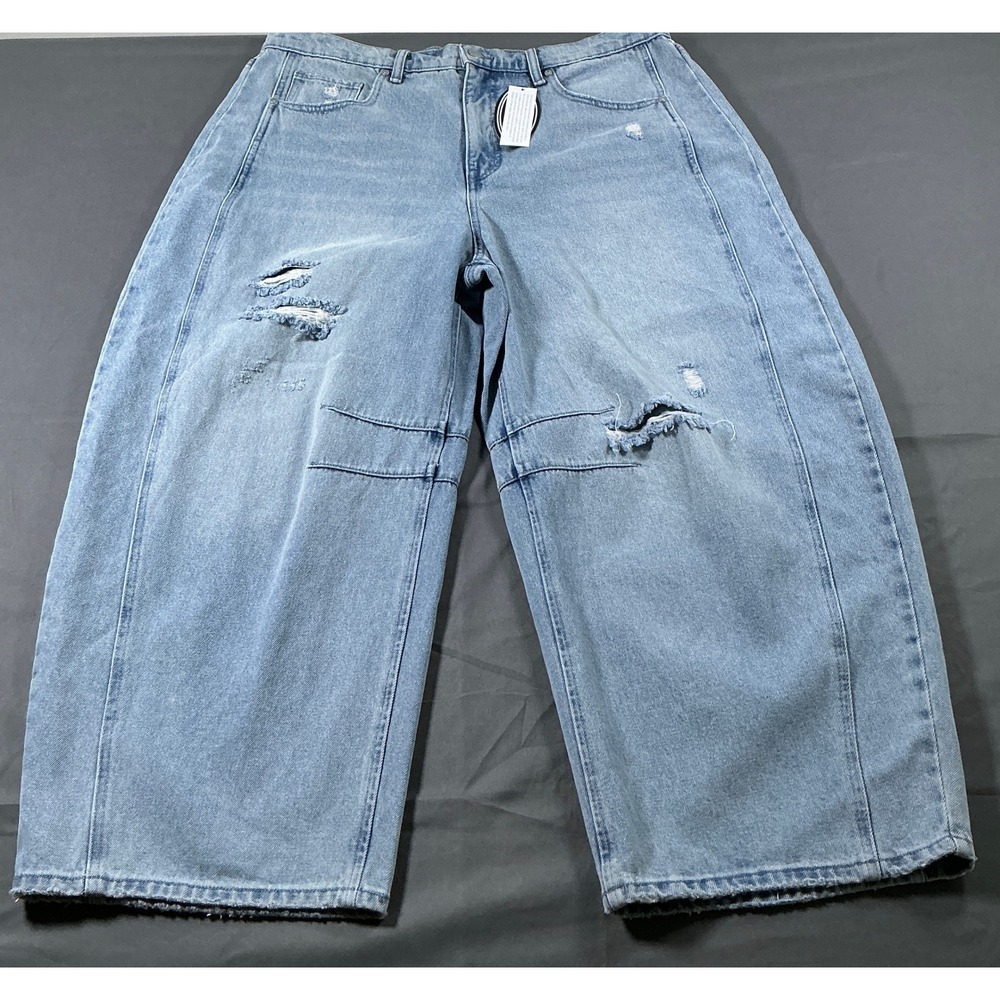Scoop Women Baggy Barrel Seamed Jeans Rigid Denim Distressed Blue Size 18 Ankle